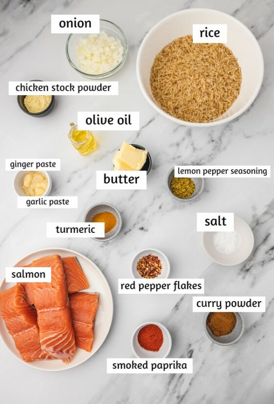 ingredients for salmon and rice on a white marble surface.