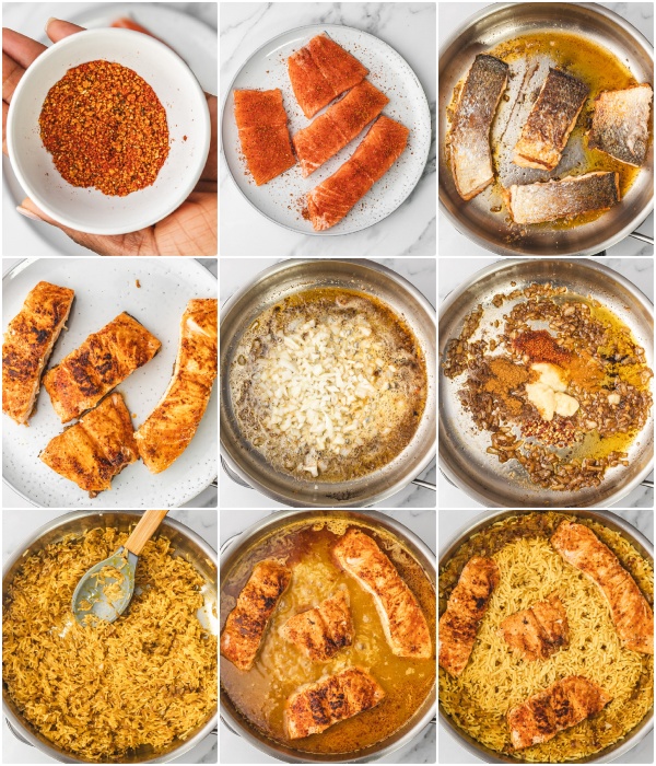 the step by step process of making salmon and rice in one pot.