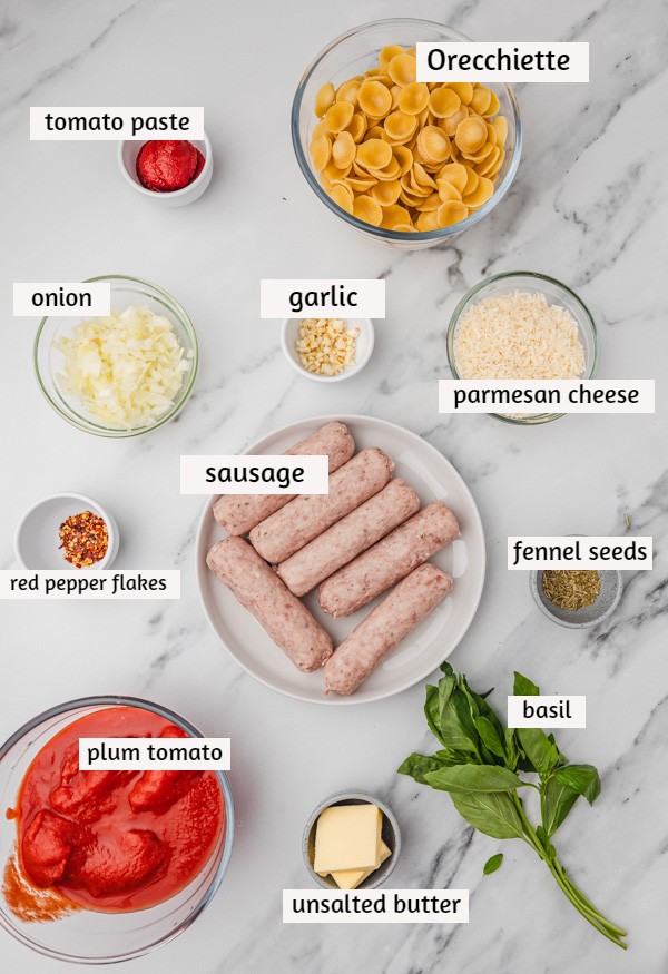 ingredients needed for sausage and fennel pasta on a white marble surface.