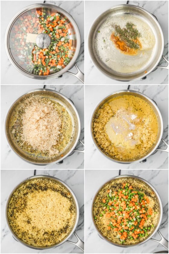 the step by step process of making vegetable rice.