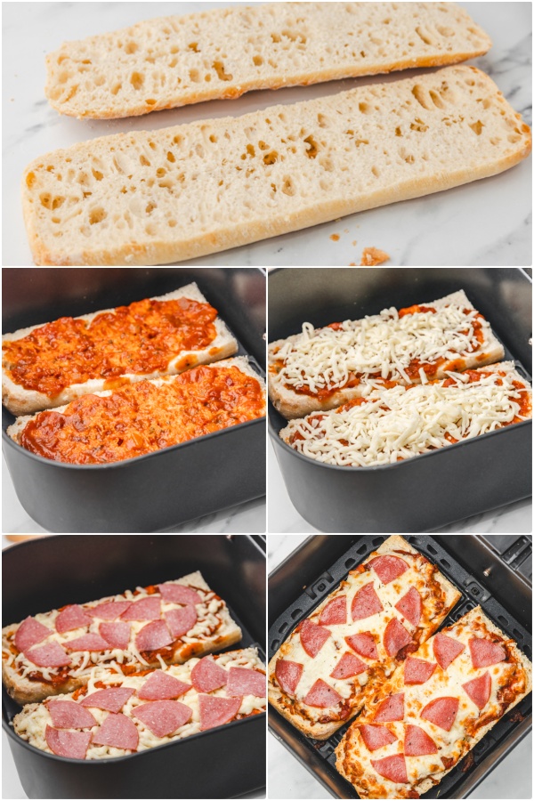 the step by step of making french pizza bread in the air fryer.