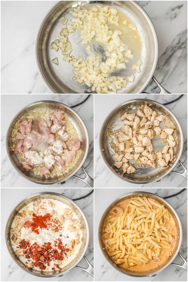the step by step method of making creamy chicken with pasta.
