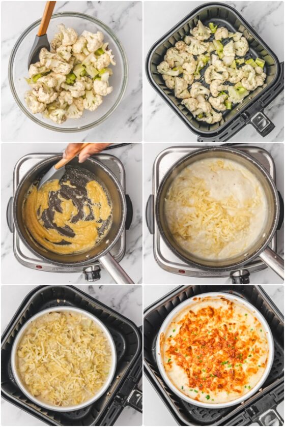 the step by step process of cooking cauliflower cheese in the air fryer.