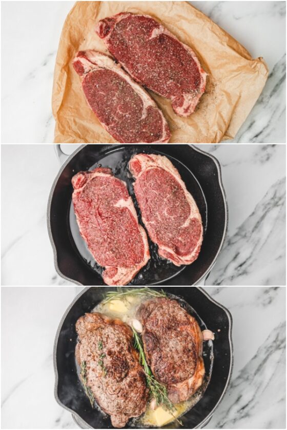 the process shot of how to cook steak in a skillet.