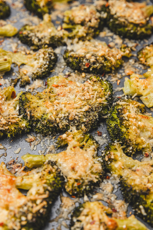 roasted broccoli in a baking tray.