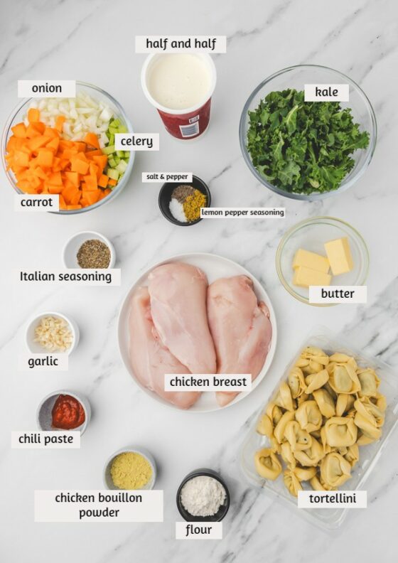 ingredients to make soup on a white marble surface.