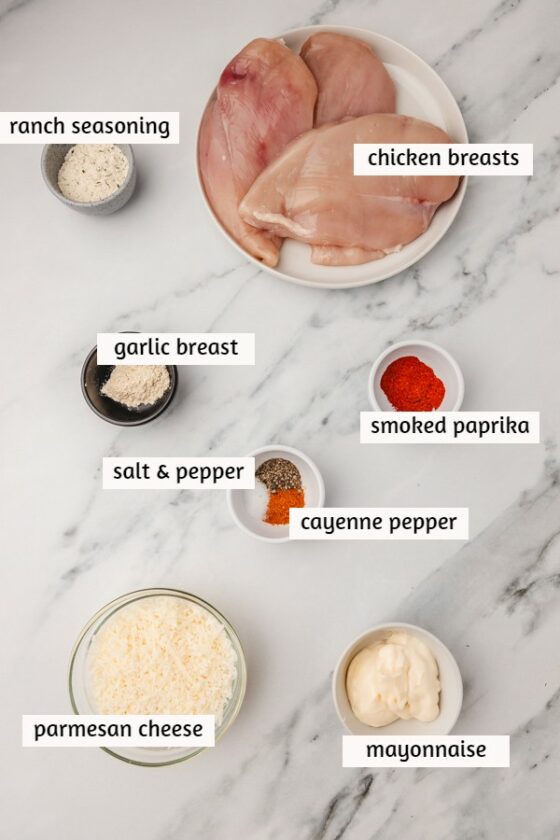 ingredients needed to make parmesan crusted chicken on a white marble surface.