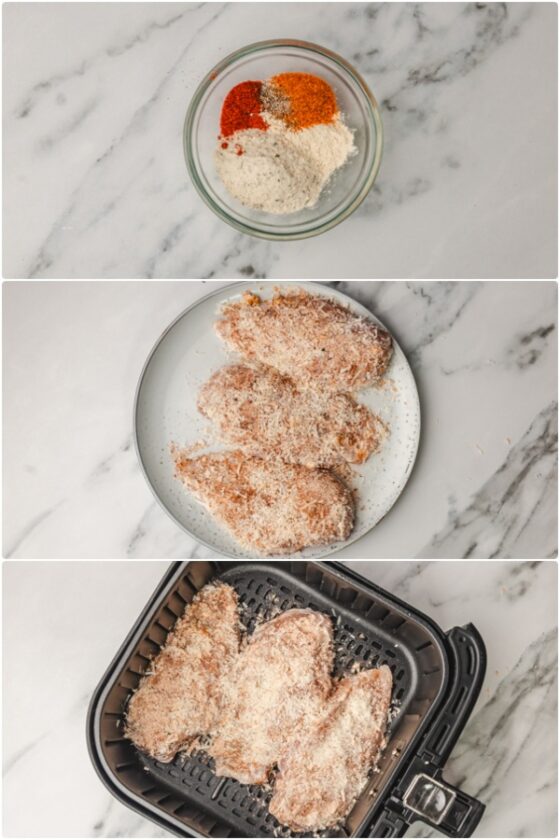 the process of making parmesan crusted chicken in the air fryer.