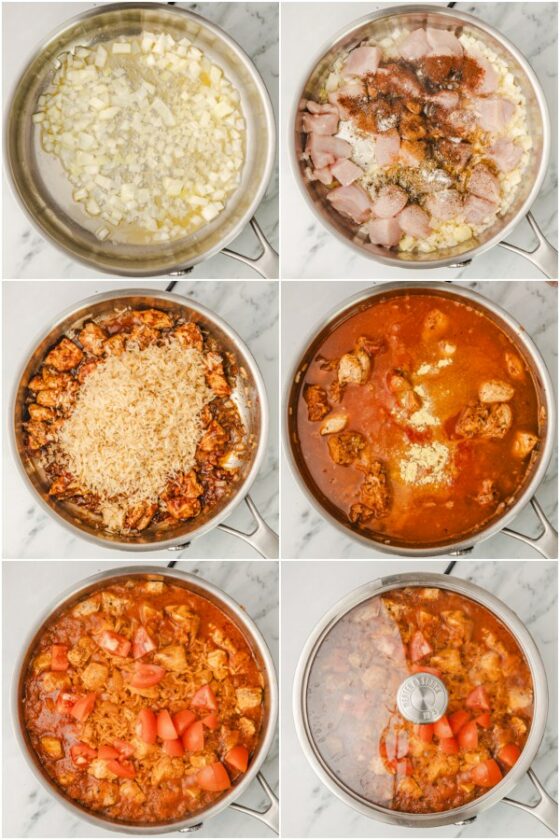 the step by step illustration of how to make mexican rice and chicken.